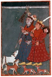 Pintura de los dioses Siva y Khrishna acompañados por un toro, un tigre y chacales