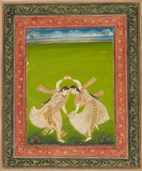 Par de niñas jugando phugadi, siglo XVIII