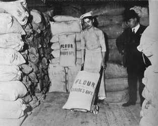 Parte del regalo de harina de Canadá para el alivio de la angustia de guerra en Inglaterra, 1915