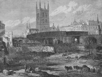 Parte del sitio del Hospital de St. Thomas en Southwark siendo despejado para propósitos ferroviarios, c1862