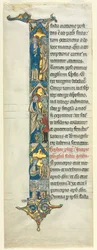 Hoja parcial de una Biblia latina: Inicial I[n principio] con el matrimonio en Caná, c. 1260-1270