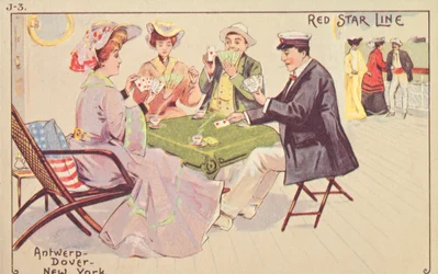 Pasajeros jugando a las cartas en la cubierta de un transatlántico Red Star, 1907