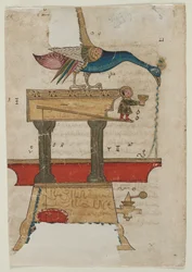 Dispositivo para lavarse las manos con forma de pavo real, recto, página de texto con prosa árabe, verso, 1315