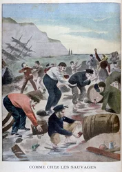 Personas rescatando objetos de un naufragio en la Isla de Wight, 1902