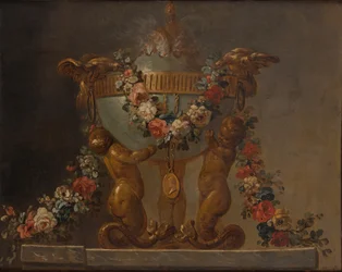 Quemador de perfume sostenido por tritones bebés y adornado con guirnaldas de flores, siglo XVIII