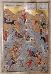 Miniatura persa de la batalla entre Alejandro Magno y Darío, siglo XVI