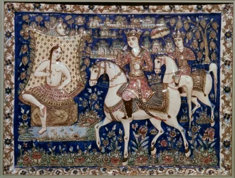 Azulejo persa que representa a Kushrau viendo a Shirin bañarse, siglo XIX