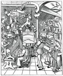 Personificación de la música, con los auxiliares, el poeta y los músicos, 1508, 1870