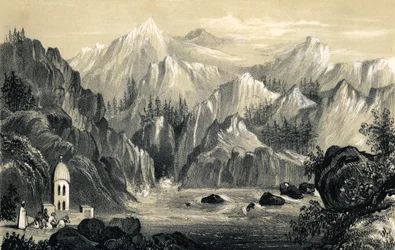 Peregrinos en la fuente del Ganges, India, 1847