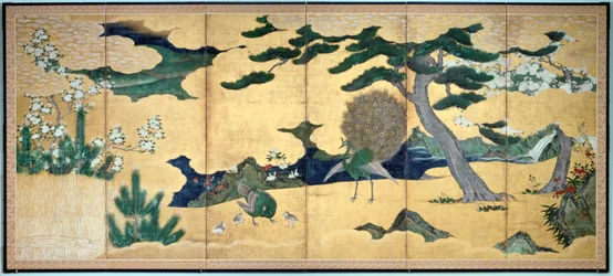 Pinos y pavos reales, período Edo japonés, comienzos del siglo XVII