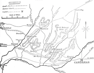 Plan de la marcha del General Burrows al Helmund del 4 al 29 de julio de 1880, c1880