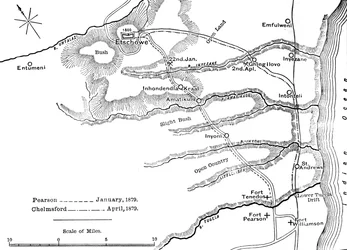 Plano de las marchas de Pearson enero, 1879 y de Chelmsford abril, 1879 a Etschowe, c1880