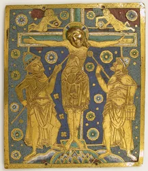 Placa con la Crucifixión entre Longinus y Stephaton y Personificaciones...