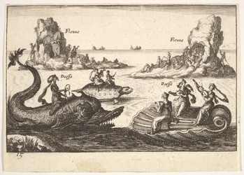 Lámina 15: Ríos y diosas, con islas flotantes guiadas por portadores de pértigas, figuras femeninas..., 1664.