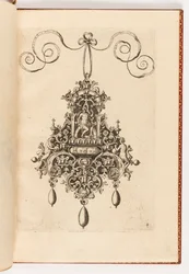 Placa 4, de Monilium Bullarum Inauriumque Artificiocissimae Icones, Ioannis Collaert Opus Postremum (Diseños para Collares, Colgantes y Pendientes de la Más Alta Habilidad, la Obra Final de Joannis Collaert)