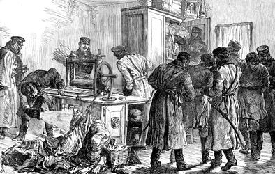 Policía descubriendo una imprenta nihilista, San Petersburgo, Rusia, 1887