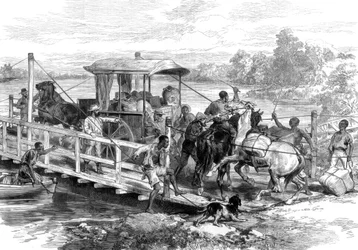 Pontón sobre el río Vaal, Klipdrift, campos de diamantes de Sudáfrica, 1874