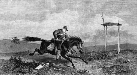 Jinete del Pony Express cruzando territorio hostil perseguido por nativos americanos, 1861