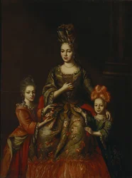 Retrato de Anastasiya Yakovlevna Naryshkina con los niños Alexandra Kirillovna y Tatyana Kirillovna, principios del siglo XVIII