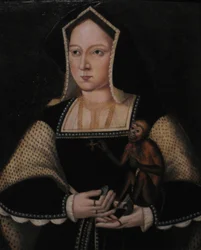 Retrato de Catalina de Aragón, con su mono mascota Copia Después de Lucas Horenbout, ca 1530