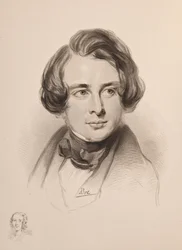 Retrato de Charles Dickens. Boceto de la hermana de Dickens, Fanny, abajo a la izquierda, 1842
