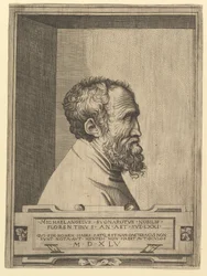 Retrato de Miguel Ángel de perfil mirando a la derecha dentro de un hueco, 1545