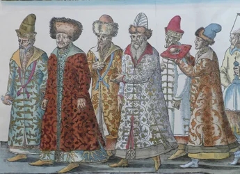 Retrato de los monarcas de Moscú Iván III, Vasili III Ivanovich, Iván IV de Rusia y séquito
