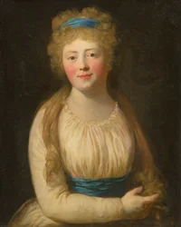 Retrato de una Mujer con Ropa Clara y Cinta Azul en el Cabello