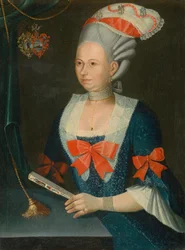 Retrato de una mujer con peluca y abanico