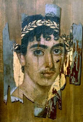 Retrato de un joven con una corona de oro, retrato de momia de Fayum, romano-egipcio, principios del siglo II
