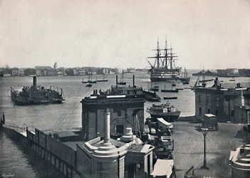 Portsmouth - Vista general del puerto, mostrando el barco de guerra de Nelson, La Victoria, 1895
