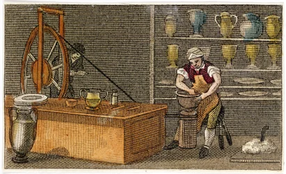 Alfarero trabajando en la fábrica de Wedgwood en Etruria, Hanley, Staffordshire, c1830