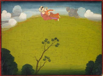 Pradyumna y Mayavati vuelan a Dvaraka, del Gran Basohli Bhagavata Purana, c. 1760-1765