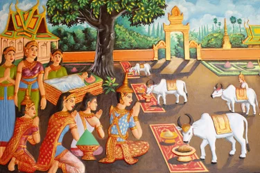 Monasterio Preah Prom Rath Vida del Buda El joven Siddhartha Gautama y su madre durante un festival de agricultores, Siem Reap, Camboya
