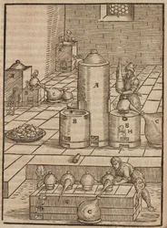 Preparación de líquidos utilizados para extraer el mineral de plata del de oro - Grabado extraído de Descripción de los minerales y los principales métodos de explotación minera, de Lazarus Ecker