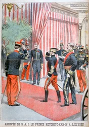 El príncipe Kotohito Kan llegando al Palacio del Elíseo, París, 1900