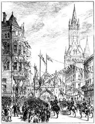 Procesión acercándose al Ayuntamiento, Manchester, 1887