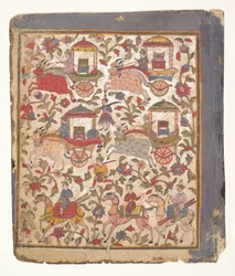 Procesión de carruajes llevando botín...de un manuscrito disperso del Bhagavata Purana, c1640-50