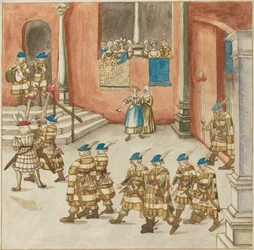 Procesión de caballeros vista por damas en un balcón, c. 1515