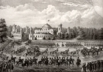 Procesión del zar Nicolás I desde el Palacio Petrovski hasta la Catedral de la Dormición durante su coronación en 1825, 1826