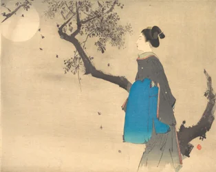 Vista de perfil de una mujer paseando a la luz de la luna, ca. 1908