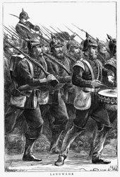 Soldados prusianos en marcha, Guerra Franco-Prusiana, septiembre 1870