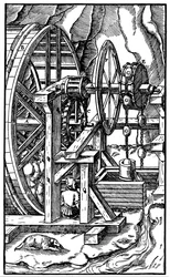Bomba accionada por hombres en una rueda de molino, 1556
