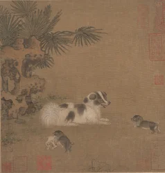 Cachorros jugando junto a una palmera y una roca de jardín, siglo XV