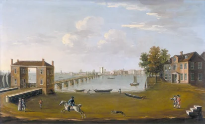 Putney Bridge y el pueblo desde Fulham, c. 1750