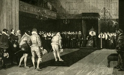 La reina Isabel recibiendo a los embajadores franceses después de la masacre de San Bartolomé, 1890