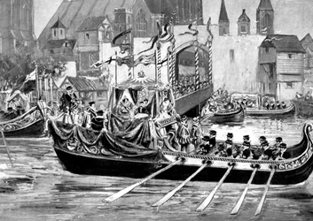 Procesión fluvial de la coronación de la reina Isabel, Londres, 1558, hacia 1905