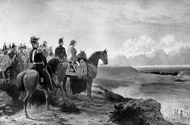 La reina Victoria revisando sus tropas, Aldershot, 1856, c. 1920