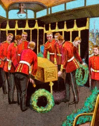 El ataúd de la Reina Victoria a bordo del Tren Real en su viaje a su funeral desde la estación de Gosport