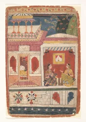 Radha y su confidente sentadas en una habitación abierta: Página de un Rasikapriya disperso, ca. 1680-90